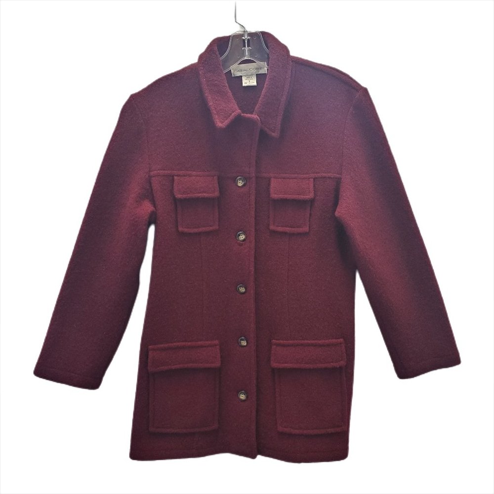 Womens S Shacket Ltweight Wool Button Front  Deep Red Shirt Jacket Pockets